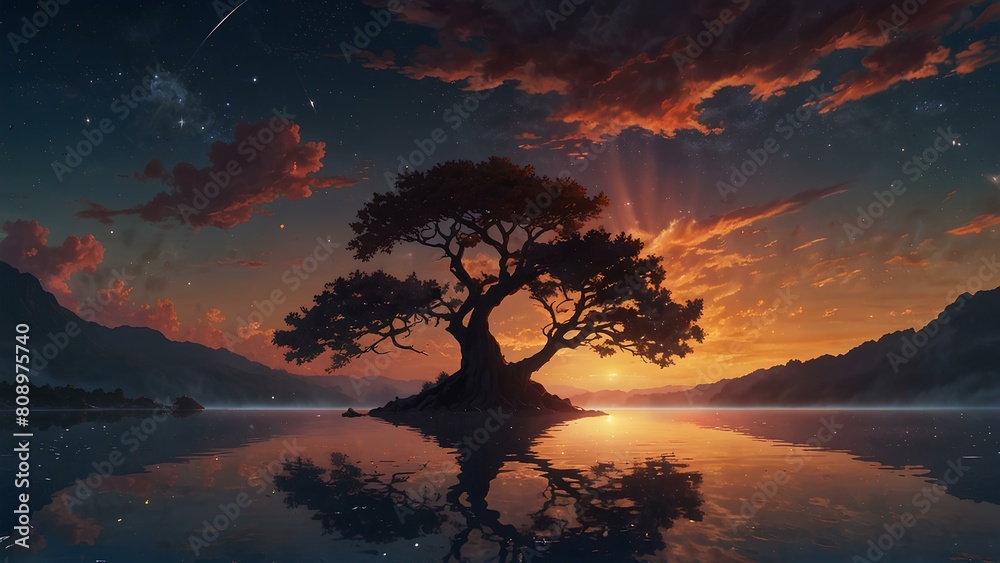 Landscape sunset view of horizon in nature with clear sky and a lake. AI Generated Landscape sunset view of horizon in nature with clear sky and a lake. AI Generated