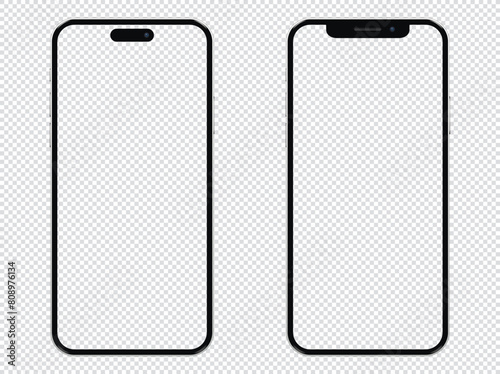 Two mobile phone frame with transparent screen isolated on transparent background