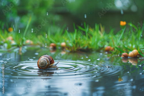 Rainy Day Respite: Snail Amidst Gentle Showers. A snail peacefully navigates a rain-kissed pond, surrounded by lush greenery and fallen acorns.
