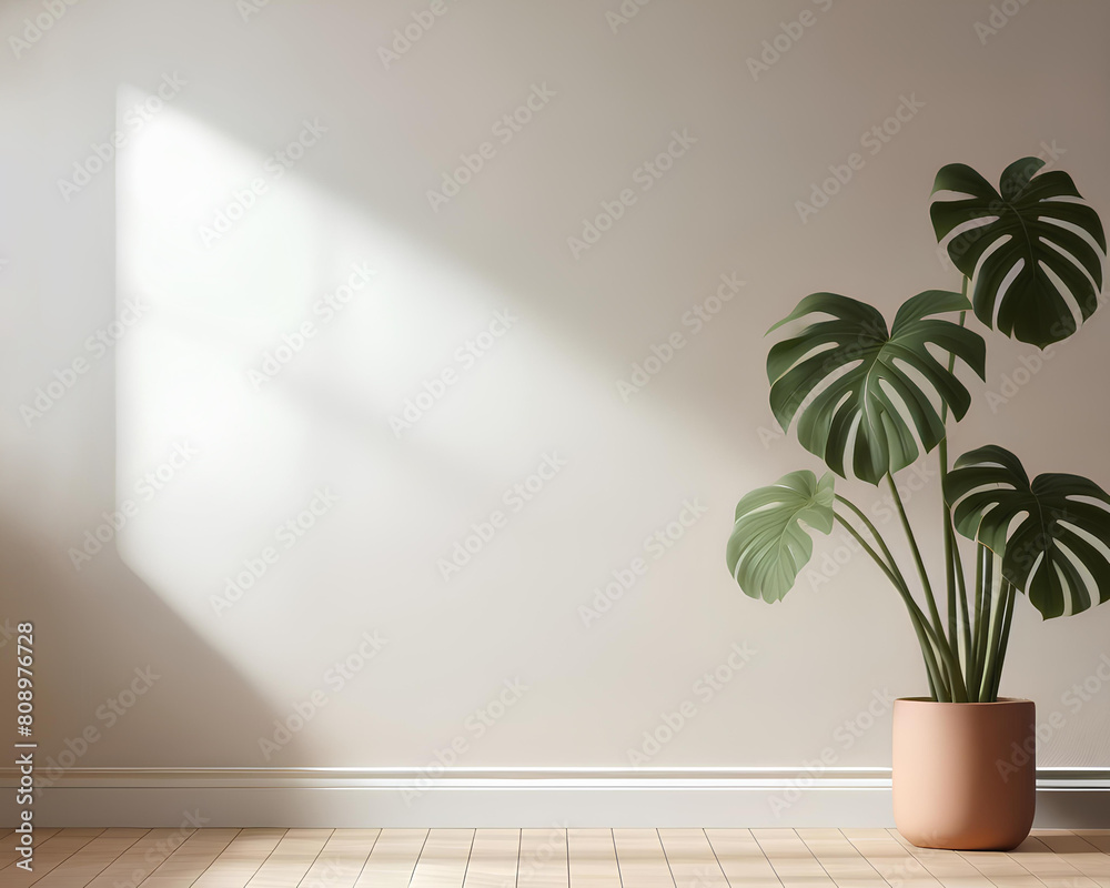 sfondo bianco ecrù di interno con luce proveniente da una finestra su parete vuota e pavimento in legno, pianta monstera deliciosa in vaso di terracotta sulla destra di spazio vuoto
