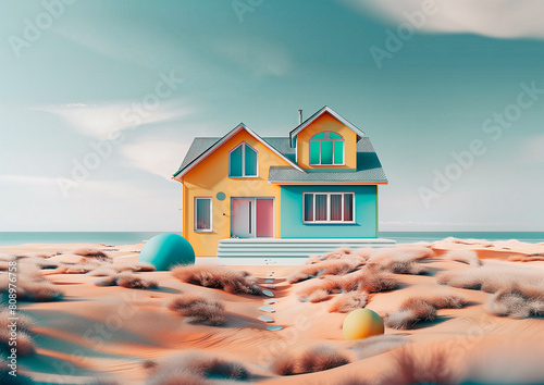 Beautiful Colorful house on the seashore. Sunny day with clouds and blue sky. Tourism and vacation concept.