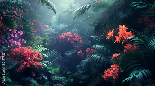 A lush green jungle with a variety of colorful flowers