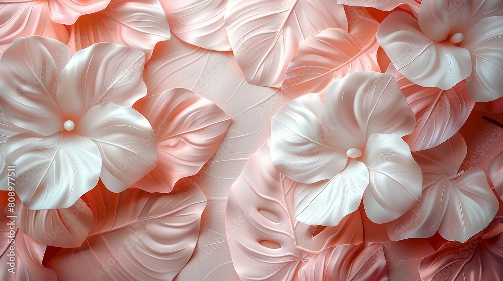 A close up of a pink and white flowery background with a lot of white leaves A close up of a pink and white flowery background with a lot of white leaves