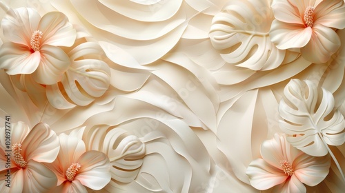 A close up of a pink and white flowery background with a lot of white leaves