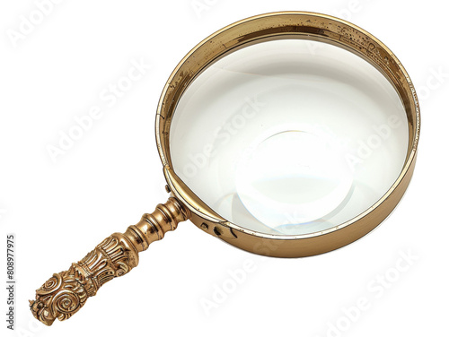 Vintage brass handheld magnifying glass isolated on transparent background png photo