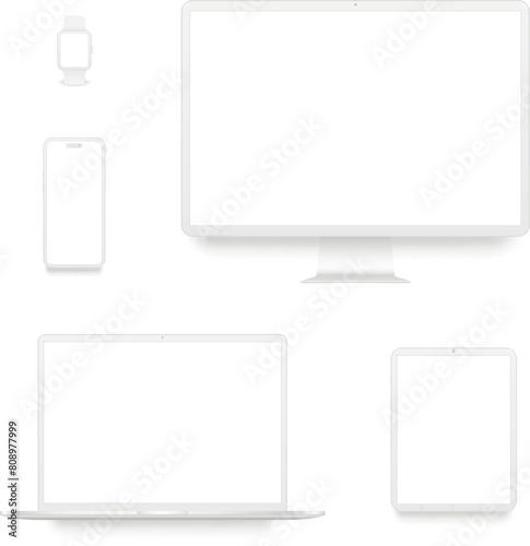 White desktop computer, smartphone, tablet, laptop, smart watch mockup