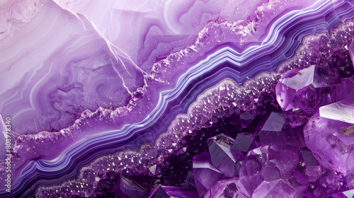 Vibrant purple amethyst crystals with banded agate. Flat background of a close up gemstone texture. Backdrop for design. Generative AI