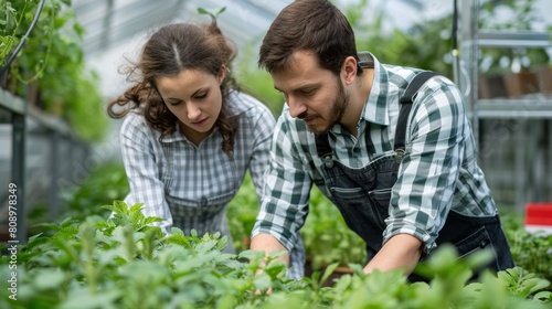 A farmer inspects a fresh oak mustard green salad with his hands. Organic hydroponic vegetables in a nursery farm Business idea and organic hydroponic vegetables