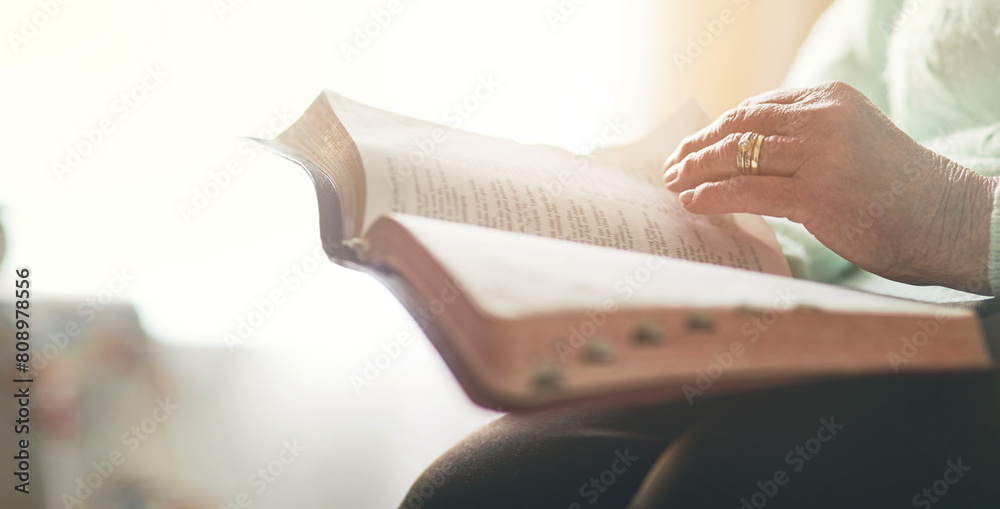 Elderly woman, hand and bible with reading for worship, testament and spiritual healing at home. God, support and senior person with religious book in house for scripture, faith and Christian wisdom