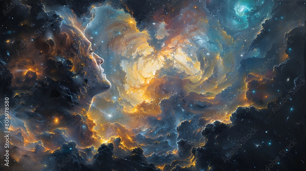 Obraz premium Cosmic Ambassador Speaks at Interstellar Summit Amidst Dramatic Nebulae and Stars