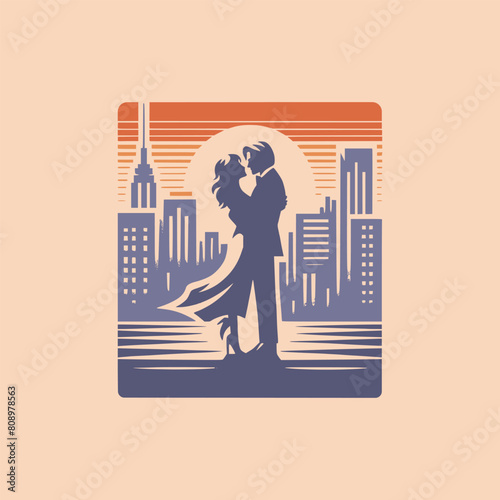 Silhouette of couple are kissing with city view