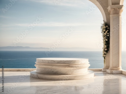 White marble podium with sea view on background. Generative AI
