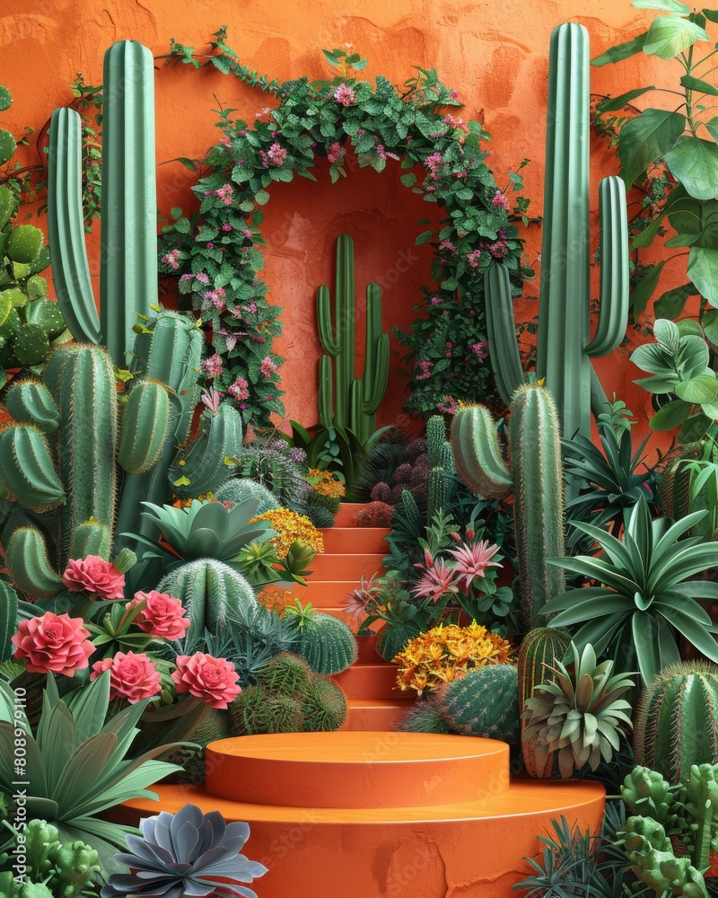 Orange background with cacti and flowers. Orange background with cacti and flowers.