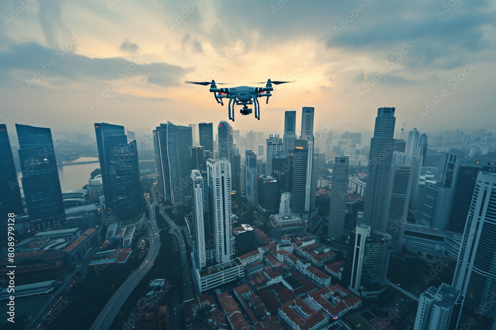 drone shooting photo or video in modern city with skyscrappers drone shooting photo or video in modern city with skyscrappers