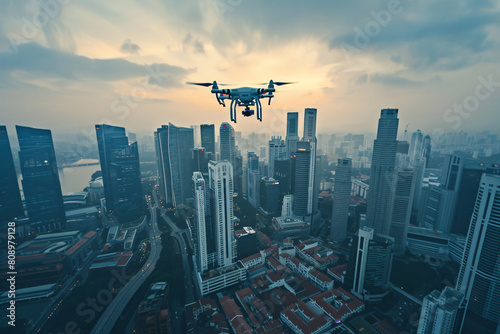 drone shooting photo or video in modern city with skyscrappers