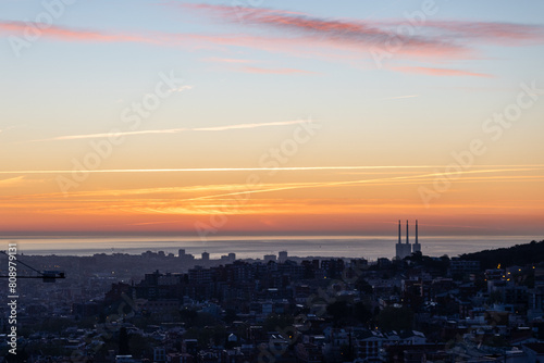 dawn, colored sky, morning city, mountains, houses