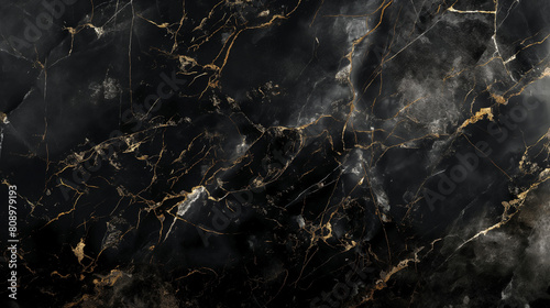 Luxurious black marble texture with golden veins and intricate white patterns. Minimal background with empty copy space for design. Generative AI