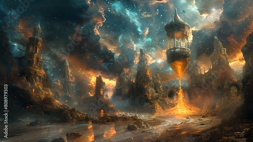 Ethereal Cosmic Hourglass:Visionary Sci-Fi Landscape Captures Time's Transience in a Surreal Celestial Setting photo