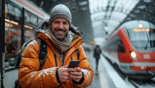 A happy man stands at the train station and looks at his mobile phone. In front of him is a German high-speed sustainable railway carriage in white, red and blue colors. He is wearing winter clothes,  © Da