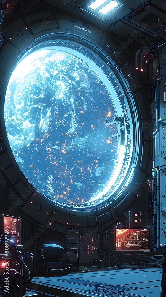 Fototapeta premium Futuristic Interstellar Medical Center with Breathtaking Cosmic Views through Panoramic Spacecraft Window