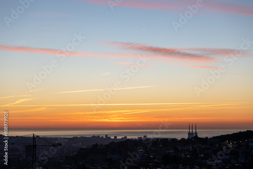 dawn, colored sky, morning city, mountains, houses