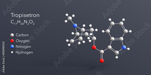 tropisetron molecule 3d rendering, flat molecular structure with chemical formula and atoms color coding