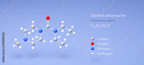 diethylcarbamazine molecule, molecular structures, antiparasitic agents, 3d model, Structural Chemical Formula and Atoms with Color Coding photo