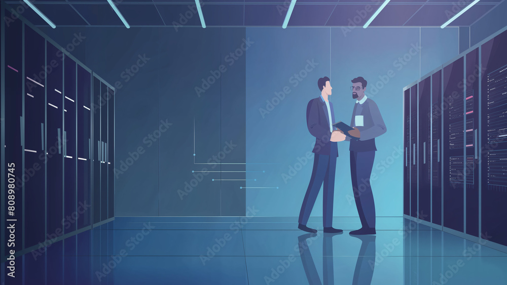 IT management workers closing deal inside secure data center, Corporate cloud storage facility admins business conversation IT management workers closing deal inside secure data center, Corporate cloud storage facility admins business conversation