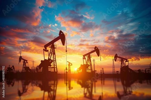 silhouette of oil pumps and drilling derricks at sunset 3d background photo