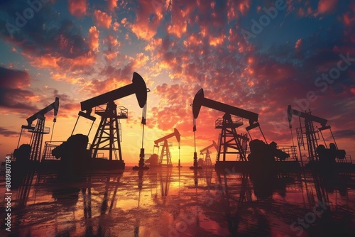 silhouette of oil pumps and drilling derricks at sunset 3d background photo