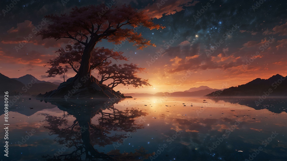 Landscape sunset view of horizon in nature with clear sky and a lake. AI Generated Landscape sunset view of horizon in nature with clear sky and a lake. AI Generated