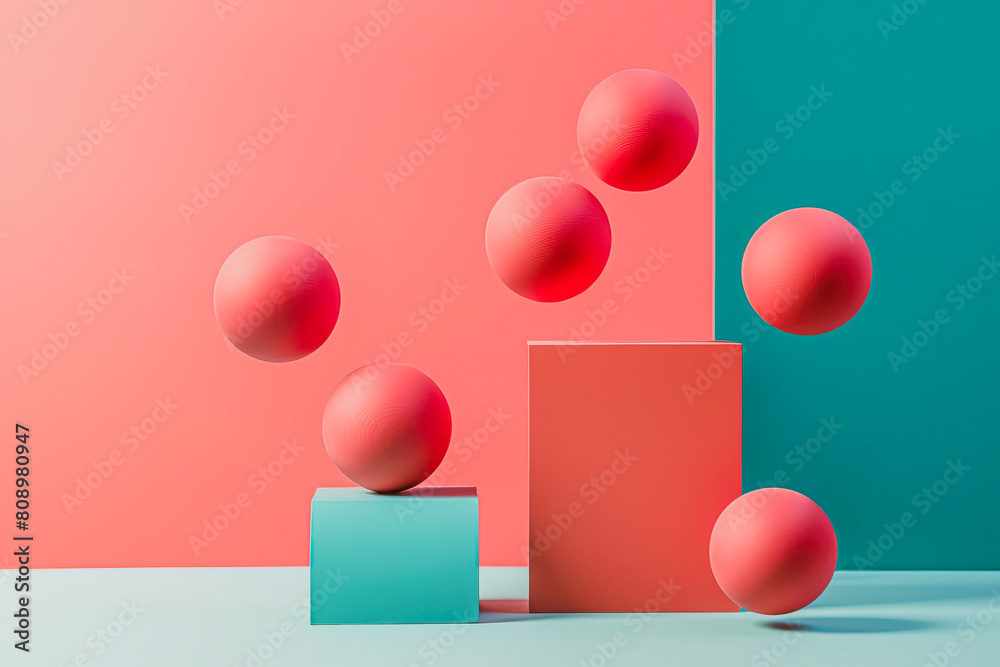pink balls on pink structure on turquoise blue background pink balls on pink structure on turquoise blue background