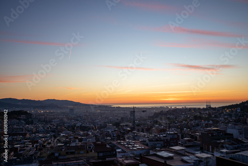 dawn, colored sky, morning city, mountains, houses