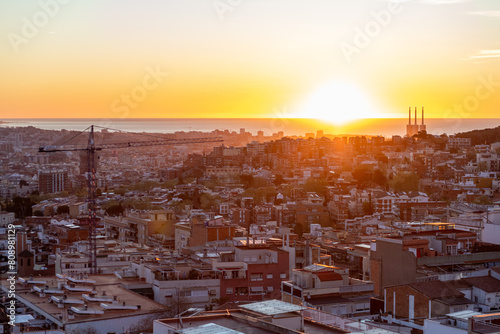 dawn, colored sky, morning city, mountains, houses