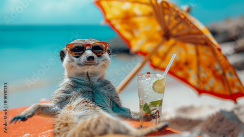 A meerkat in human clothes lies on a sunbathe on the beach, on a sun lounger, under a bright sun umbrella,