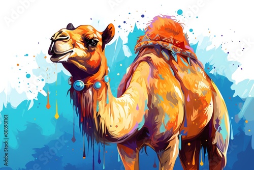 Camel graphic in flat design side view Middle Eastern travel theme watercolor triadic color scheme photo