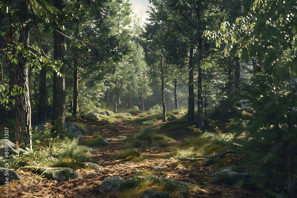 Naklejka premium A serene forest landscape with tall trees and lush vegetation, showcasing the beauty and tranquility of nature.