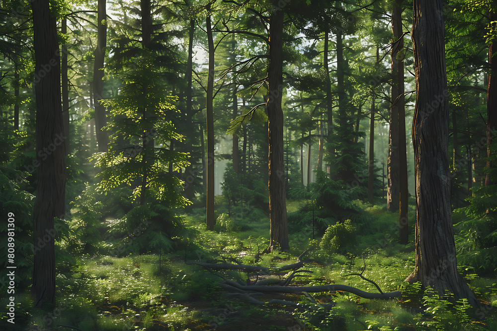 Obraz premium A serene forest landscape with tall trees and lush vegetation, showcasing the beauty and tranquility of nature.