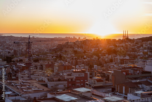 dawn, colored sky, morning city, mountains, houses