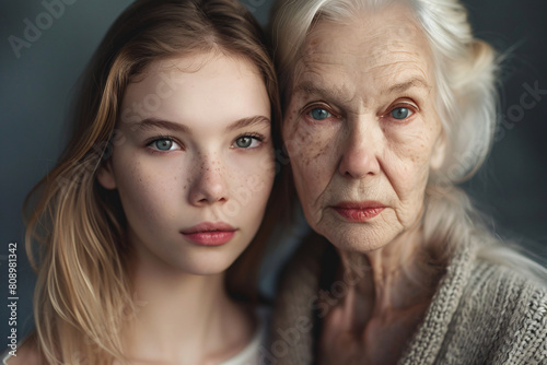 Portrait of young woman and her old grandmother on grey background