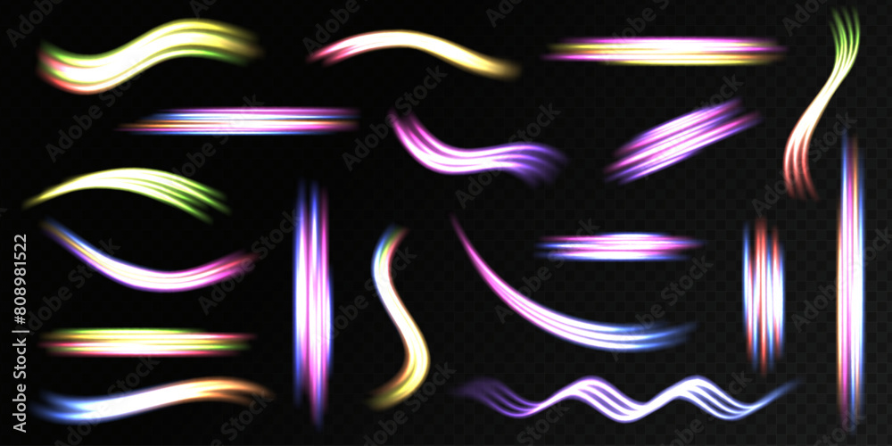 Futuristic neon light line trails. High speed effect motion blur night lights. Glowing wave swirl, impulse cable lines. Glowing speed lines. Light shining effect. Futuristic neon light line trails. High speed effect motion blur night lights. Glowing wave swirl, impulse cable lines. Glowing speed lines. Light shining effect.