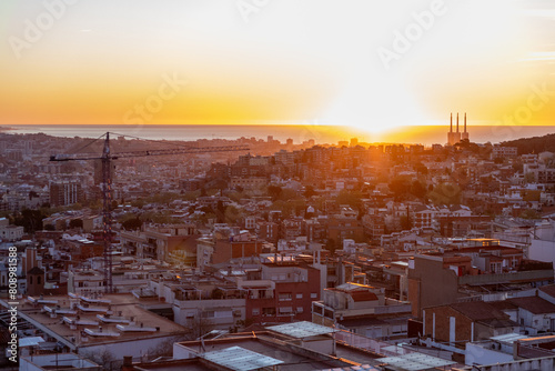 dawn, colored sky, morning city, mountains, houses