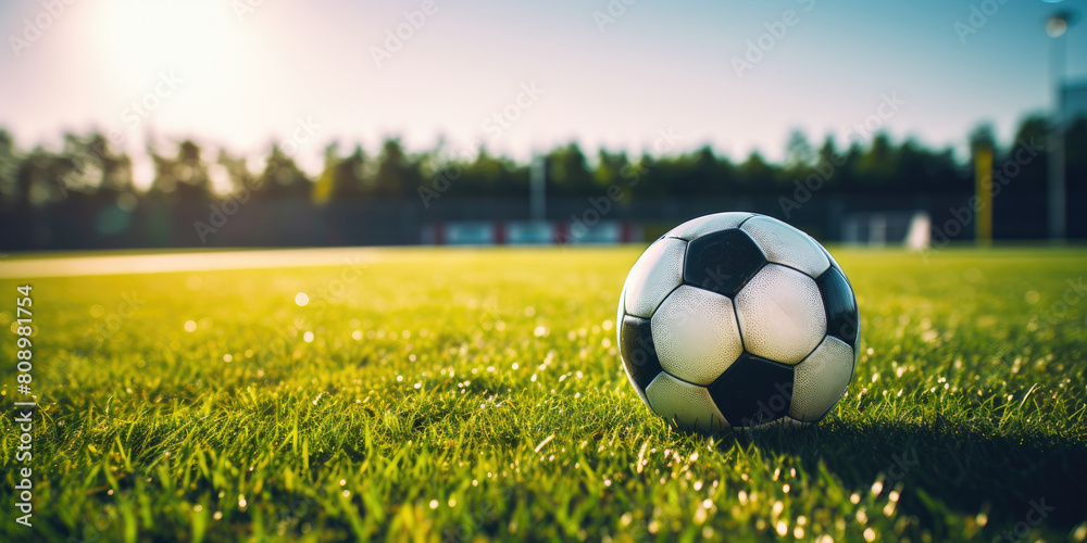 Fototapeta premium Grass with Soccer Ball on Soccer Field. Soccer Ball on Dewy Grass Field with Sunrise and Goalpost in Backdrop. Generative AI