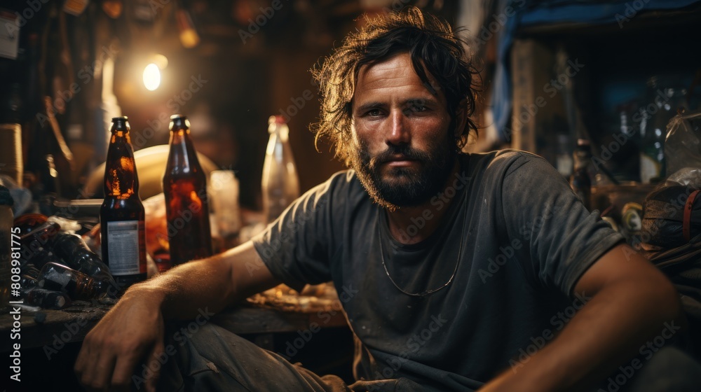 Portrait of a Rugged Man Seated amidst Clutter with Beer Bottles Illuminated by Warm Light Portrait of a Rugged Man Seated amidst Clutter with Beer Bottles Illuminated by Warm Light