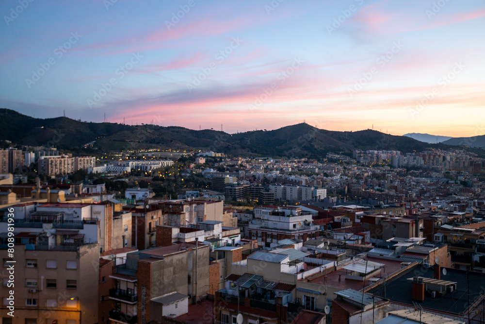 dawn, colored sky, morning city, mountains, houses