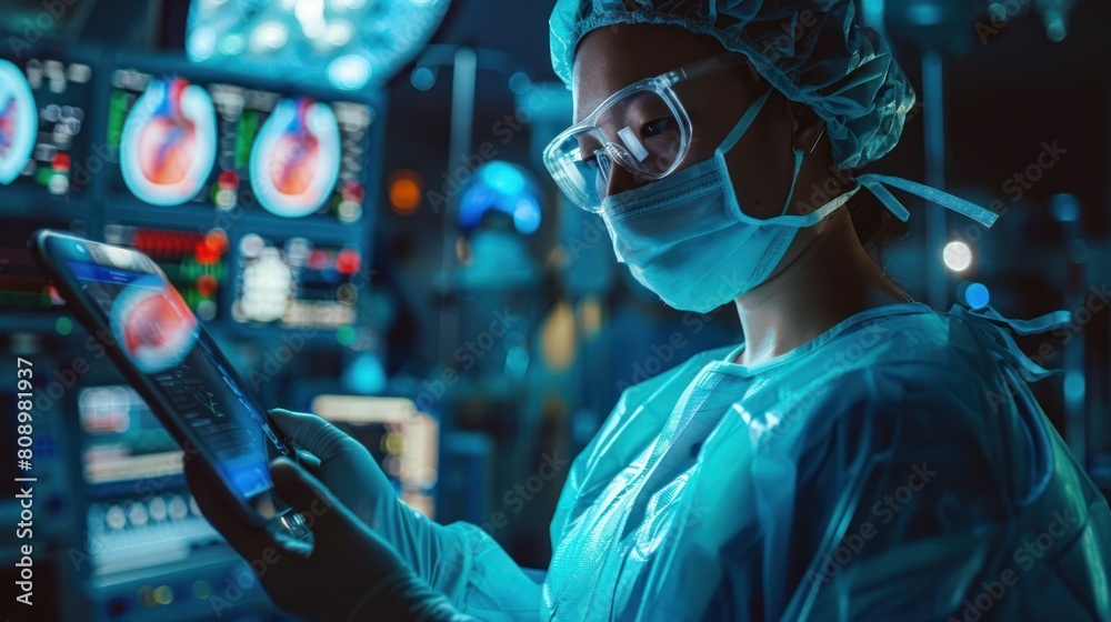 Amidst the sterile environment of the operation room, the female surgeon utilizes a digital tablet to monitor and control the artificial heart with precision. Amidst the sterile environment of the operation room, the female surgeon utilizes a digital tablet to monitor and control the artificial heart with precision.