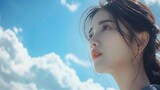 Thoughtful Young Asian Woman Gazing at Scenic Sky and Clouds from Window