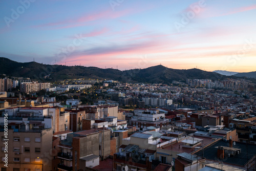 dawn, colored sky, morning city, mountains, houses
