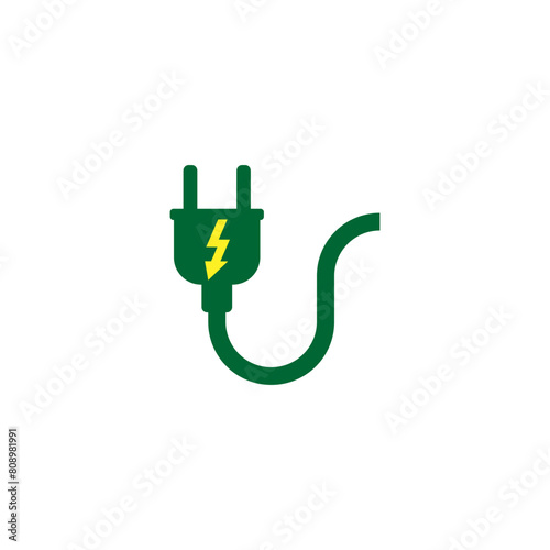 Green electrical power plug with a curved wavy wire. Isolated vector icon on white background.