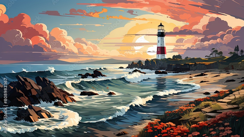 Scenic Coastal Lighthouse Illustration with Dramatic Clouds and Sunset Over Rocky Beach